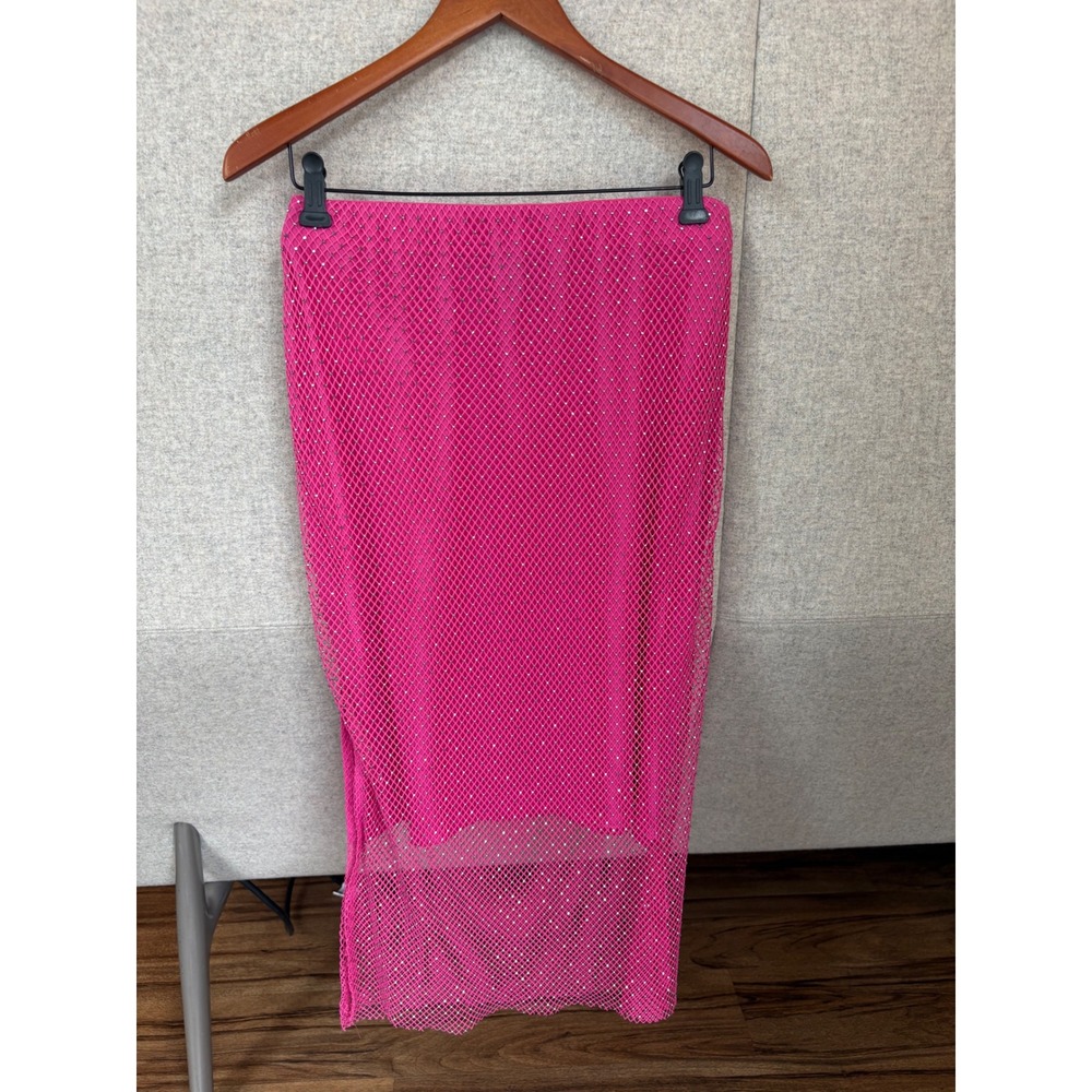 Sincerely Jules Pink Rhinestone Mesh Midi Skirt High Waisted Side Slit Festival